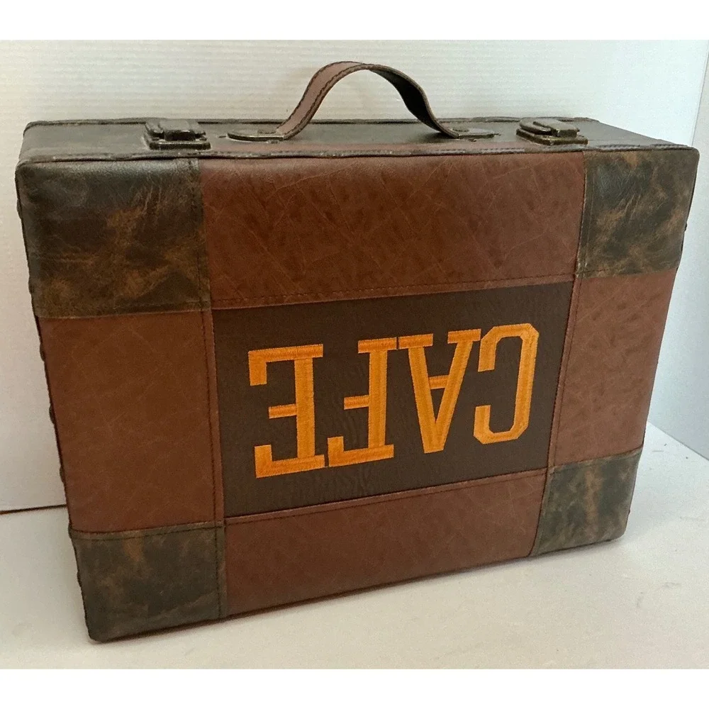 Vintage Style Cafe Storage Trunk Brown Faux Leather Patchwork Box Large